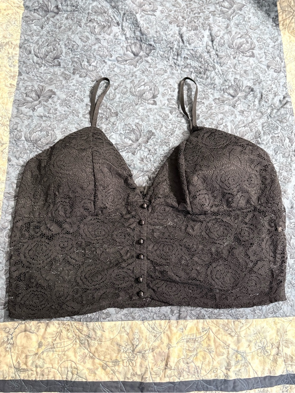 Lace Bralette Crop Top with Front Buttons - Black